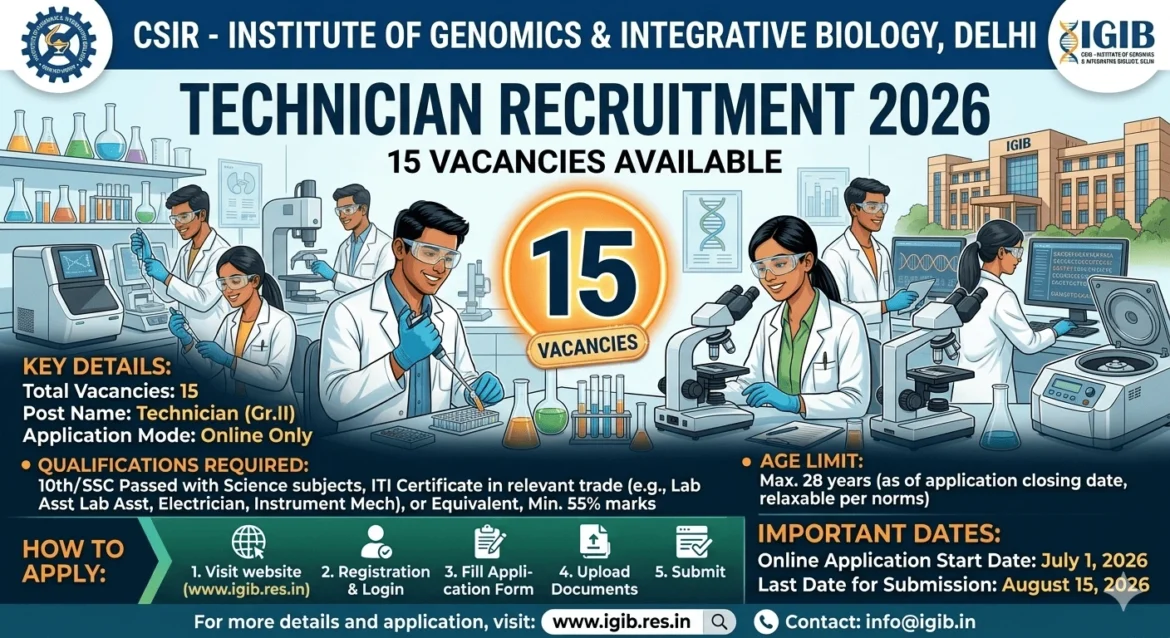 CSIR IGIB Delhi Technician Recruitment 2026 for 15 Vacancies