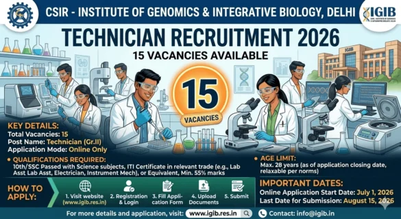 CSIR IGIB Delhi Technician Recruitment 2026 for 15 Vacancies
